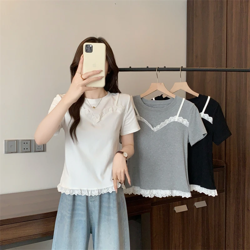 大码女装2025夏季新款蕾丝花边圆领短袖T恤上衣1757