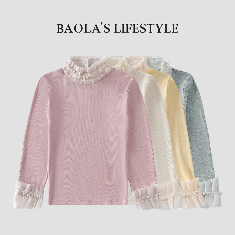 奶酪【高定】韩系复古简约蕾丝拼接春季女童珍珠长袖打底衫-LC111