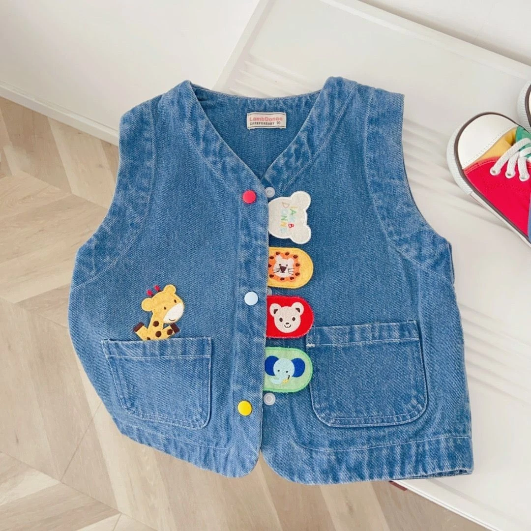 超可爱动物园口袋马甲25春款儿童牛仔马夹男女童洋气百搭坎肩背心