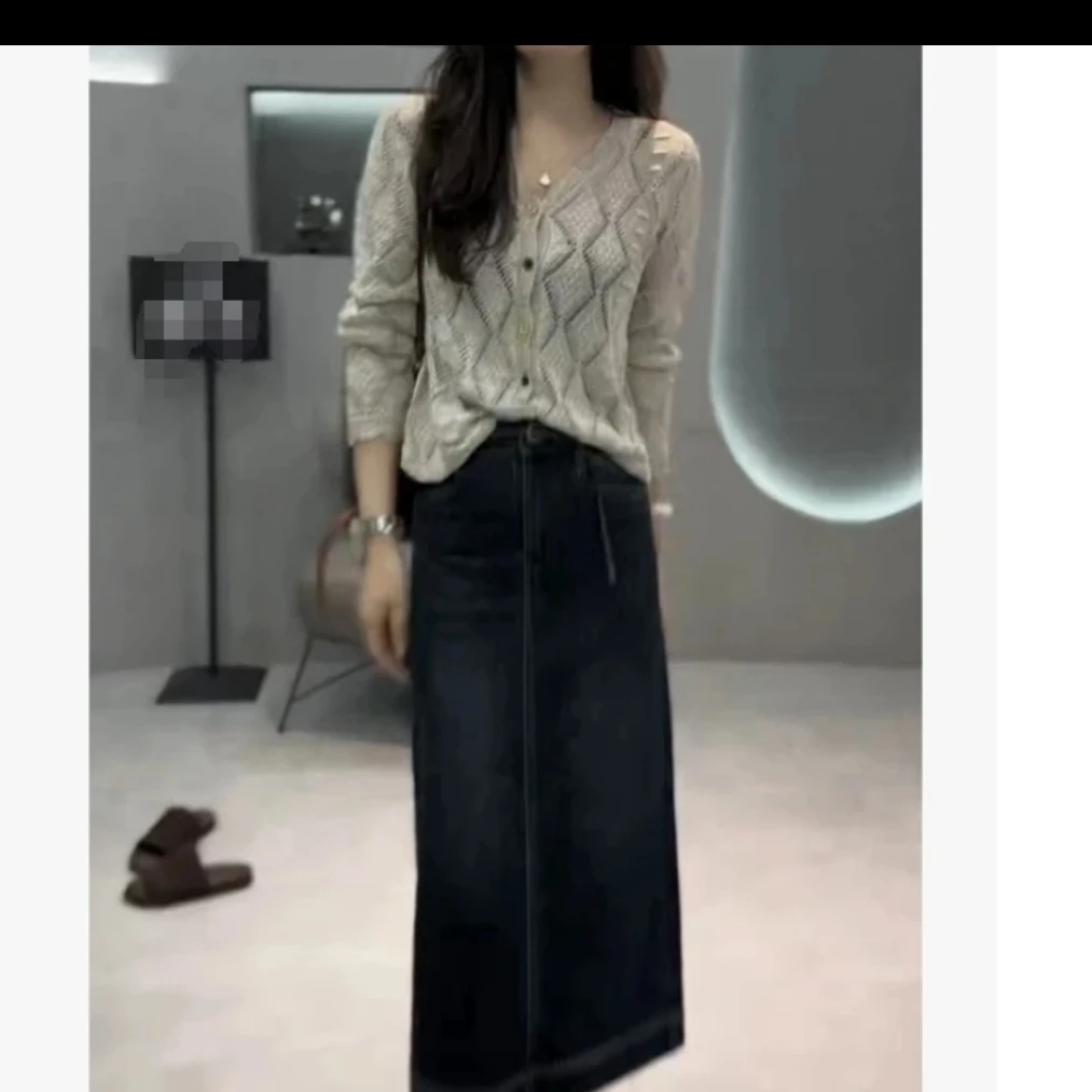 时尚不起球针织百搭网红镂空气质长袖显瘦女款秋冬牛仔