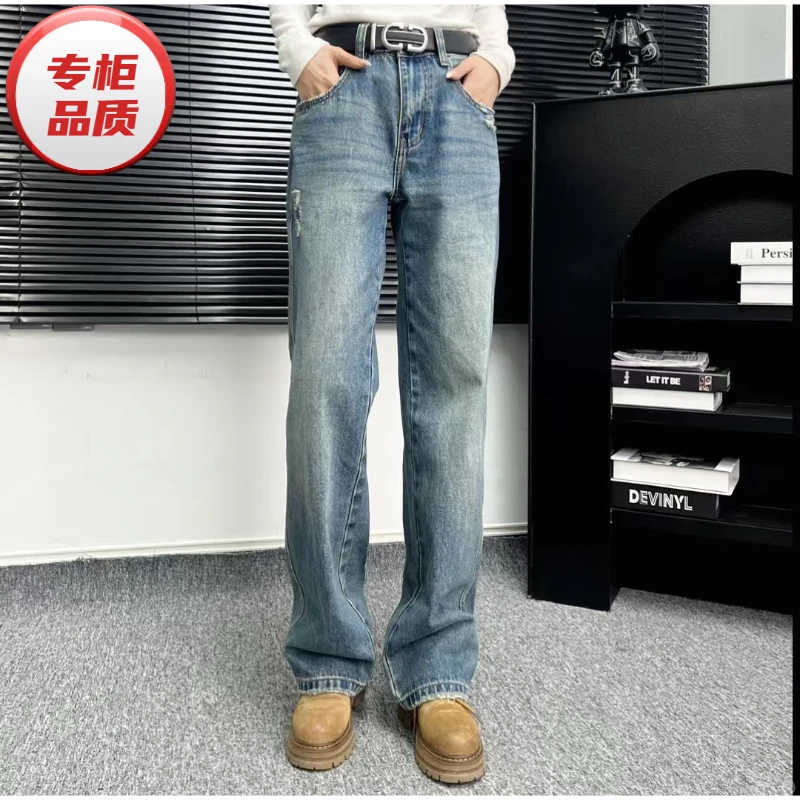 【KUAAO】美式牛仔裤直筒中腰春秋水洗做旧微宽松阔腿长裤休闲宽松