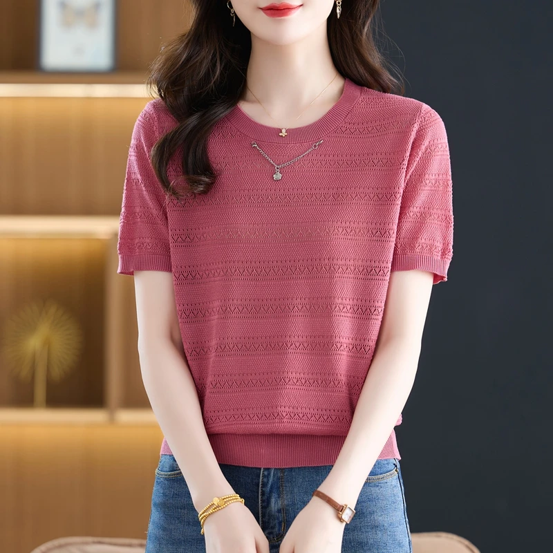 100天丝莱赛尔圆领条纹t恤女中年女装宽松短袖上衣薄款夏季小衫