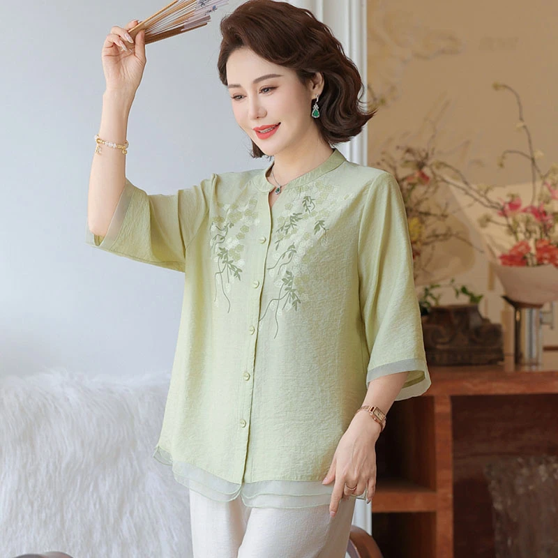 中老年女装夏季宽松七分袖气质衬衫时尚妈妈装气质小衫阔腿裤套装