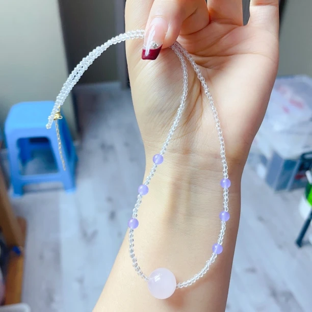天然粉晶锁骨链项链吊坠 薰衣草紫水晶时尚百搭 新店福利特价