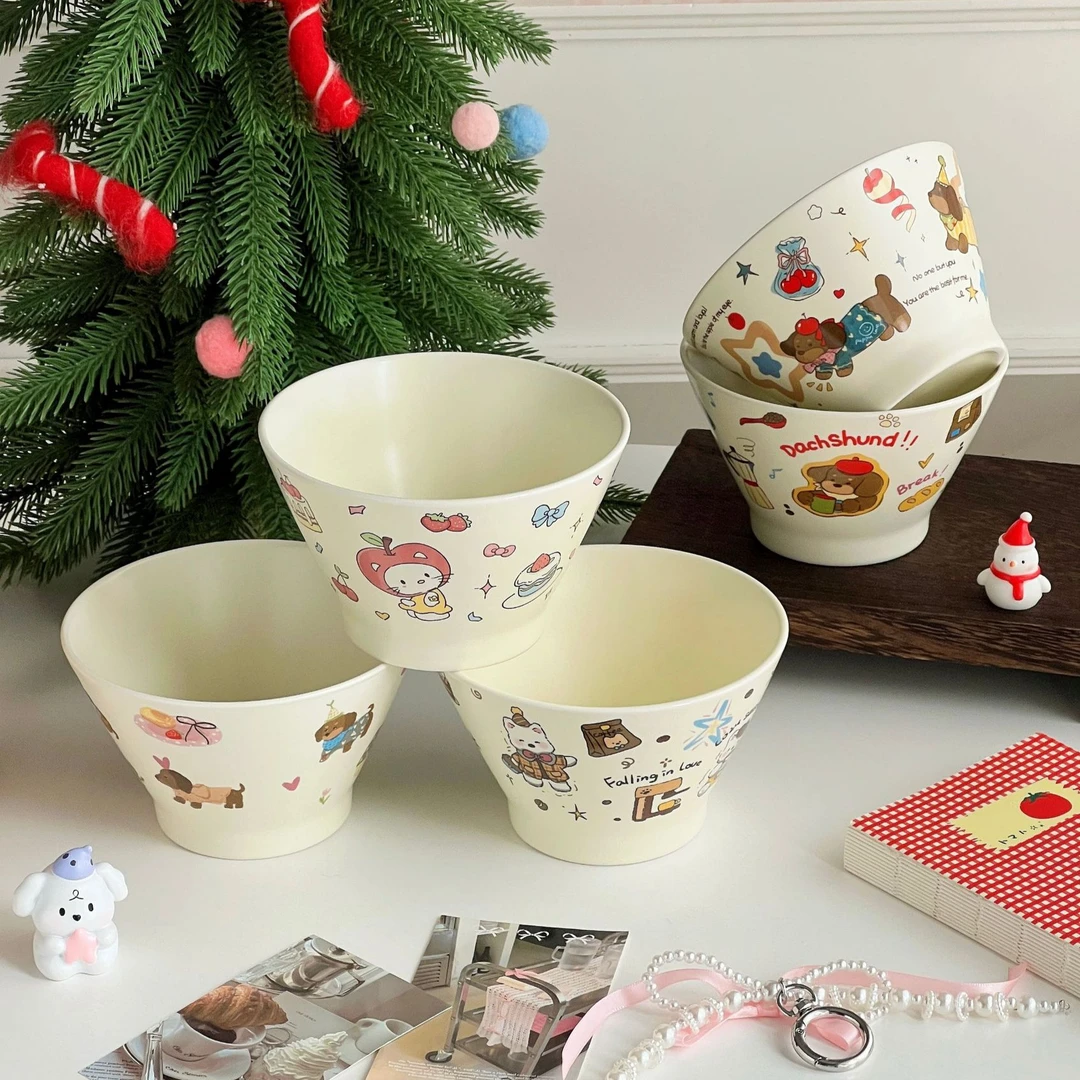 送勺子！卡通斗笠碗网红可爱亲子家用创意陶瓷学生米饭碗大容量