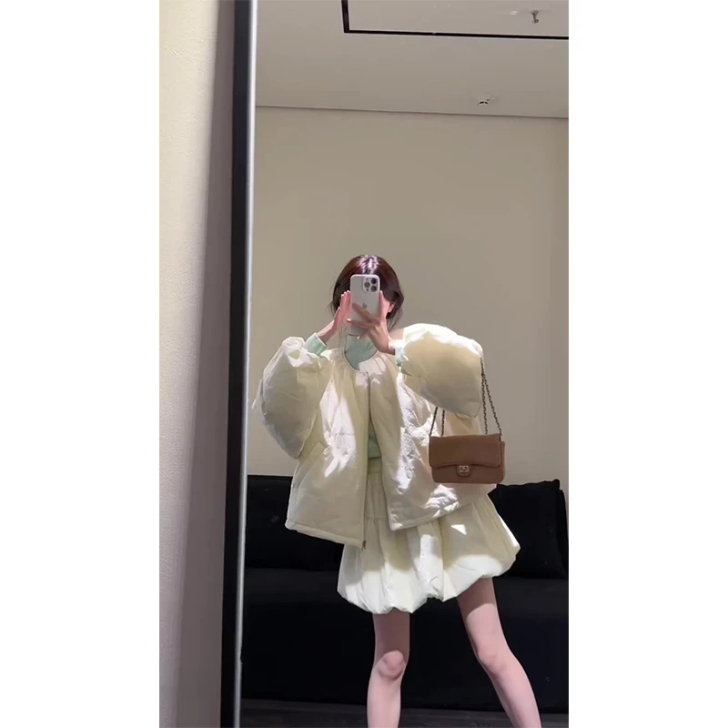 2025年冬季新款圆领保暖棉服夹克外套蓬蓬花苞半身裙两件套装女