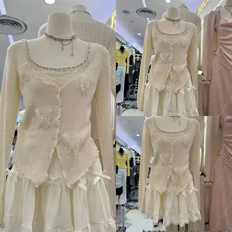 设计感重工钉珠蝴蝶结拼接假两件针织衫2025春季法式甜美气质上衣