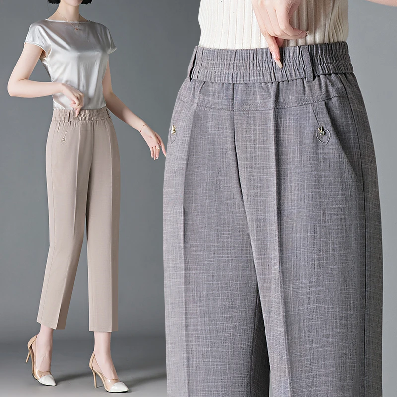 中老年女裤中年气质高腰显瘦妈妈裤夏季薄款紧腰宽松女士休闲裤