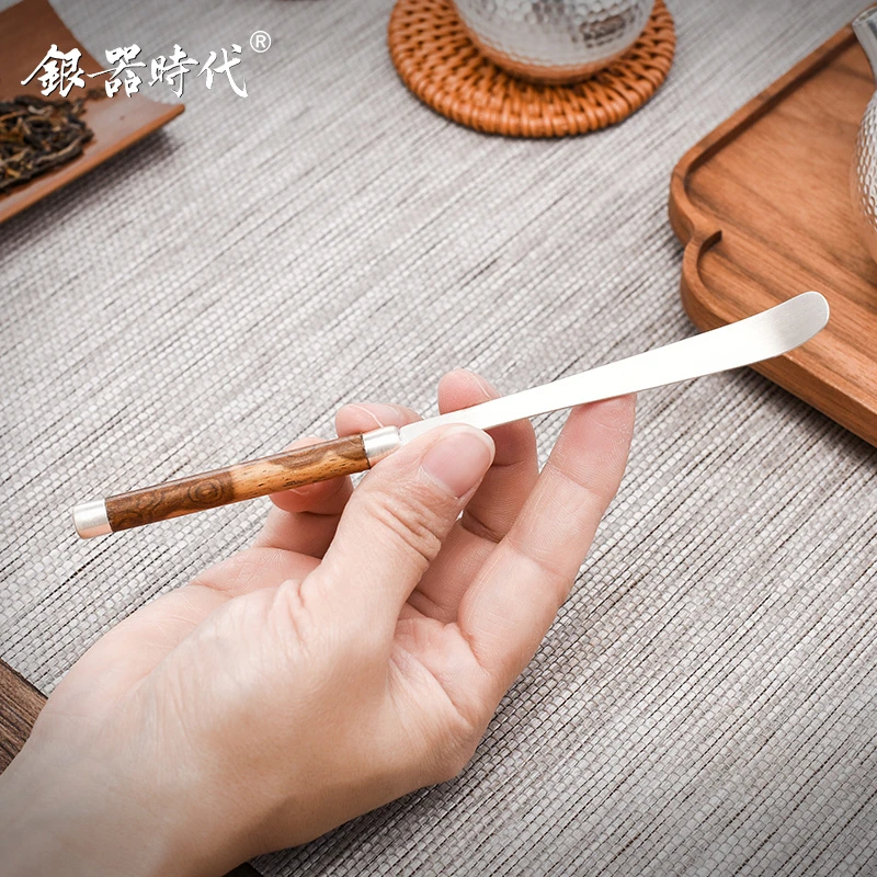 银器时代 素银茶扒足银999手工茶拨斑竹手柄茶勺茶匙家用茶道配件
