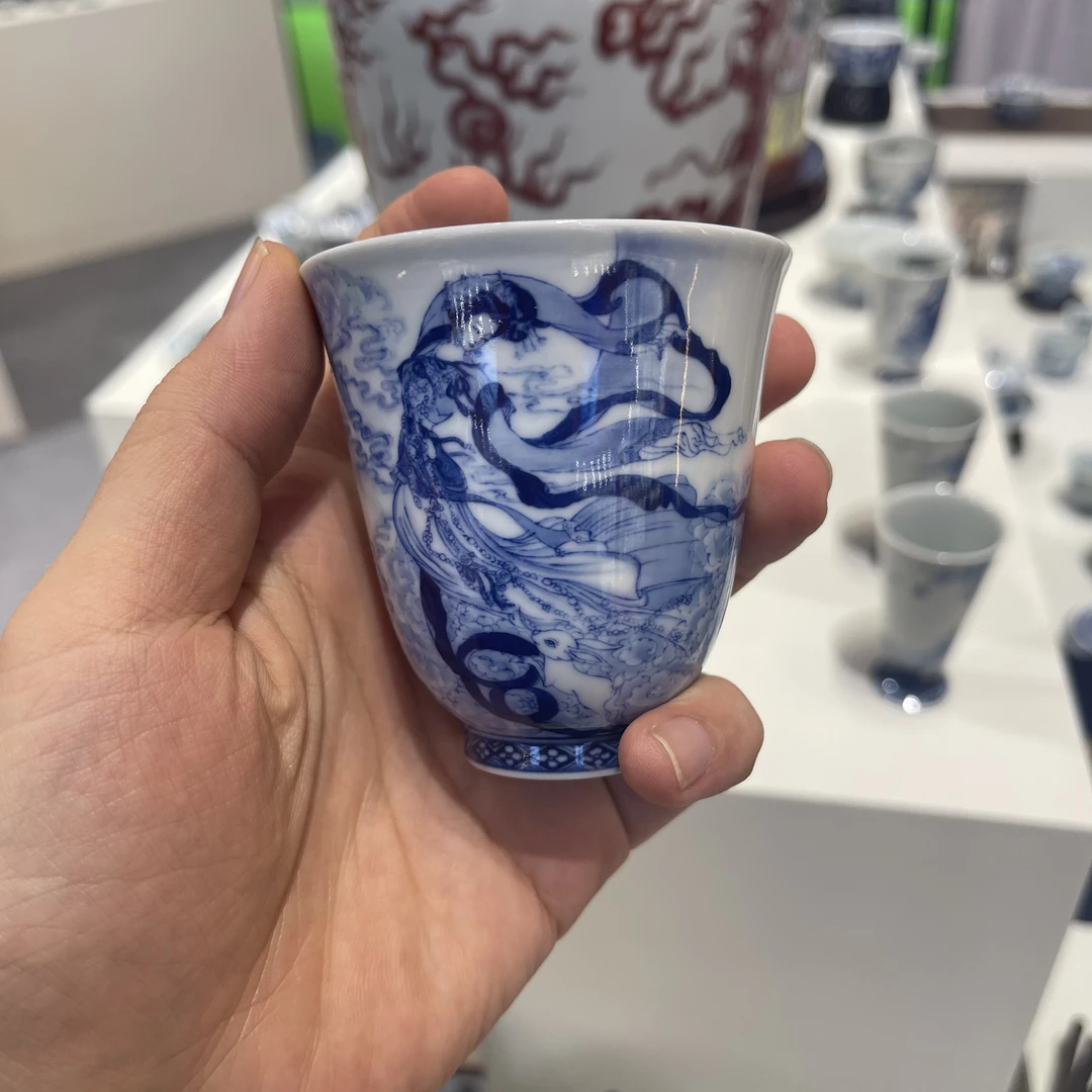 钟家窑 柴窑 纯手绘 青花 嫦娥奔月 人物杯