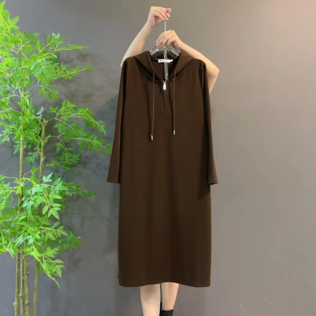 9262秋季时尚宽松休闲纯色连帽长袖大码连衣裙女法式慵懒风