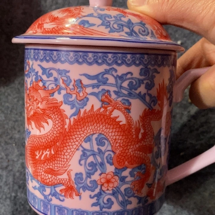 盖碗陶瓷红稀土釉里红龙凤直筒办公杯