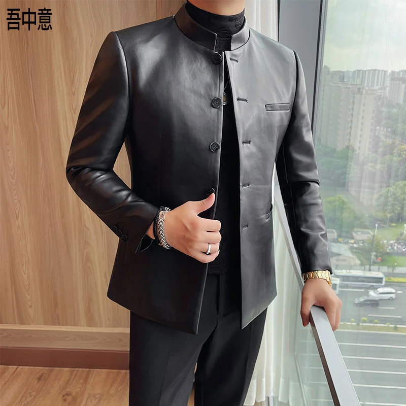 新中式立领皮衣西装外套男款爆款2025新款春秋商务时尚休闲西服