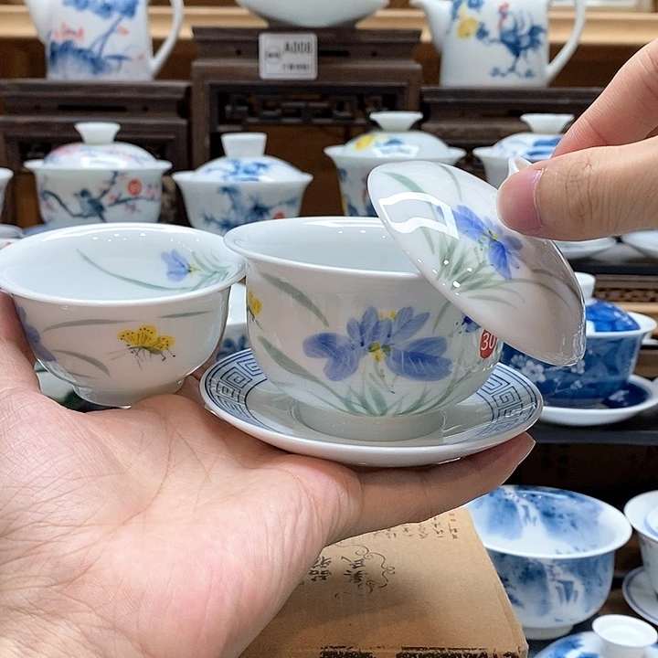 纯手绘蝴蝶兰盖碗160cc➕压手杯85cc釉下彩微瑕福利款