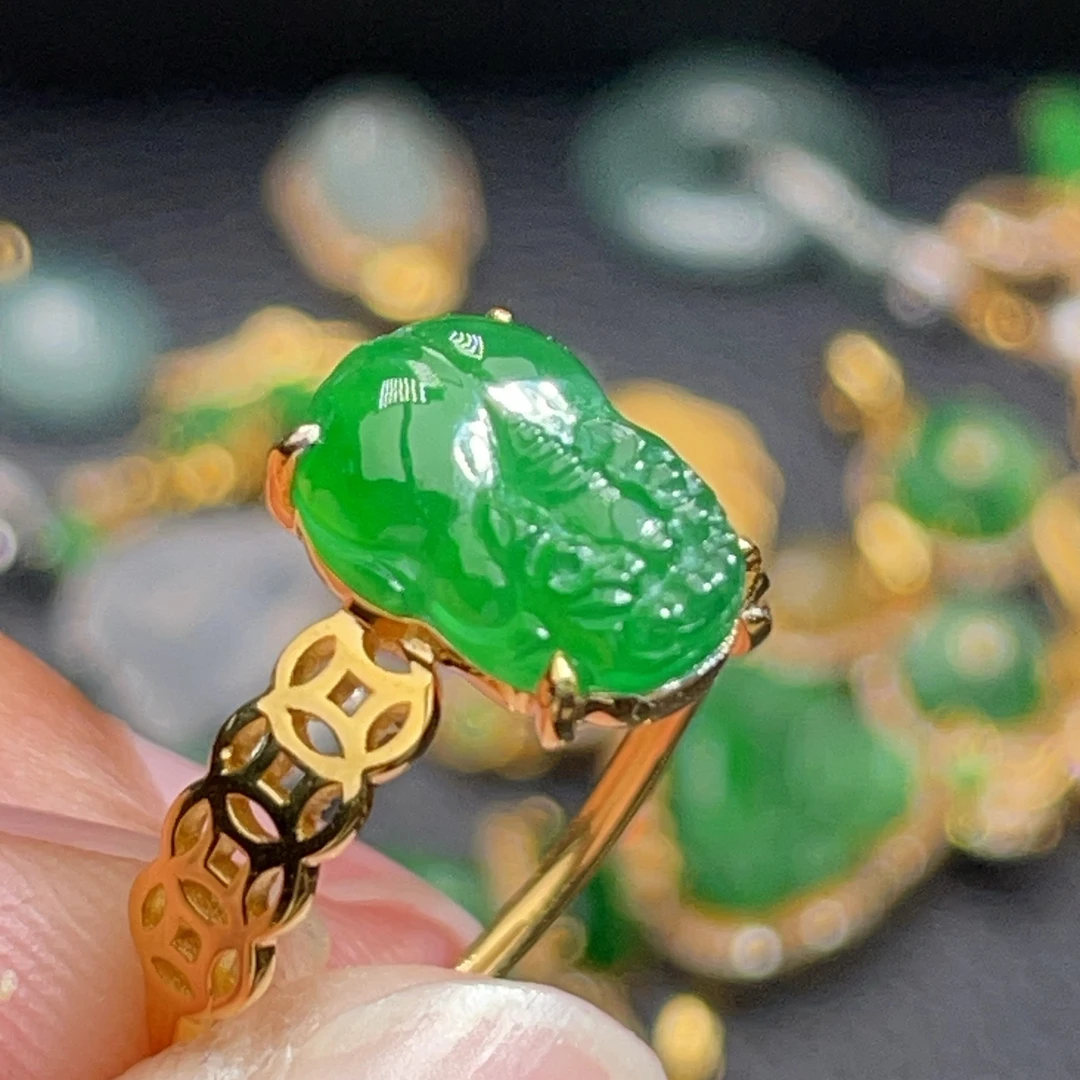 18K金天然翡翠A货-2580满绿貔貅戒指K黄镶嵌珠宝玉石高冰阳绿简约