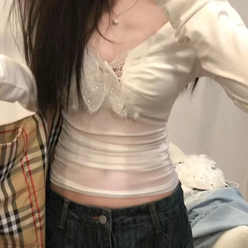 法式纯欲风v领蝴蝶结长袖t恤女春秋薄款内搭显瘦显身材打底上衣