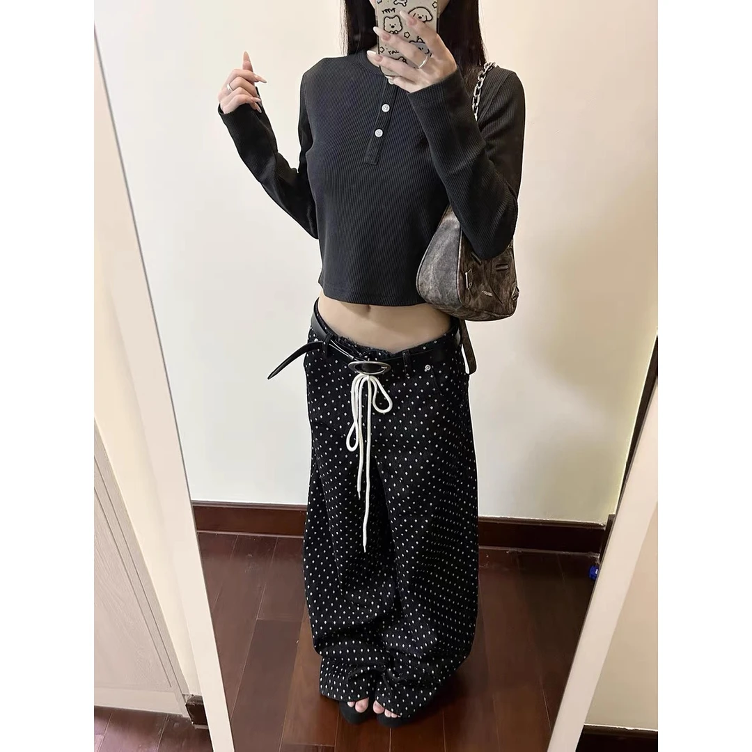 美式高街复古黑色波点牛仔裤男秋季新款慵懒休闲宽松阔腿抽绳长裤