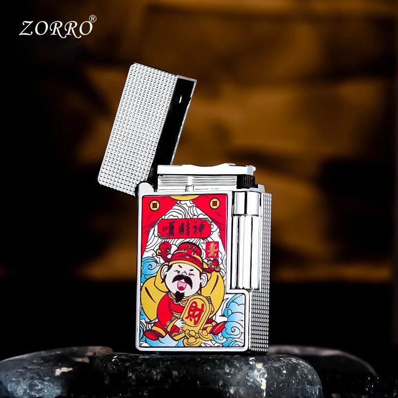 ZORRO高颜值手工贴片侧滑顺财神煤油火机翻盖式朗声限量高档火机