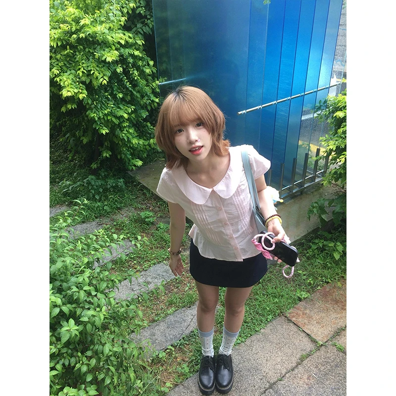 巨好看韩系减龄穿搭一整套粉色娃娃领衬衫黑色半身裙夏季甜妹套装