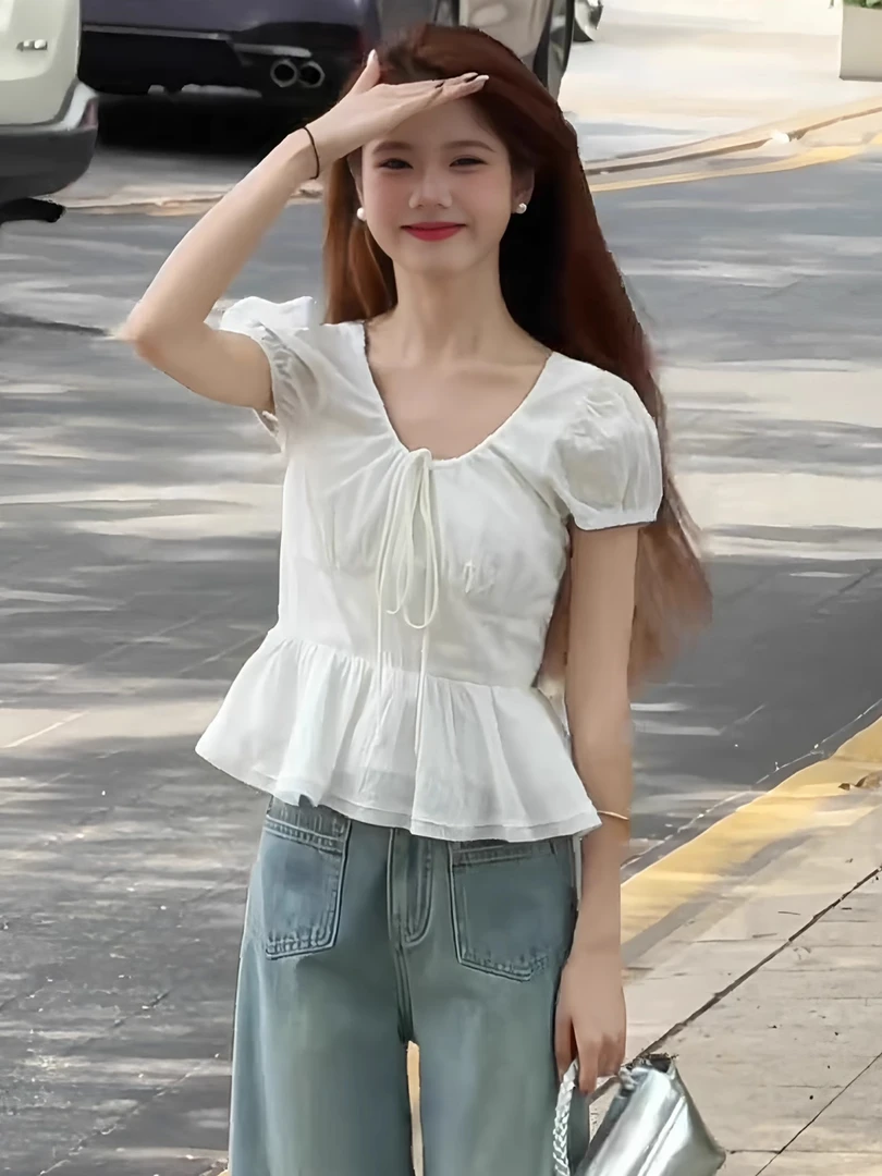 甜美风法式系带泡泡袖V领收腰衬衫女装夏季减龄chic显瘦白色上衣