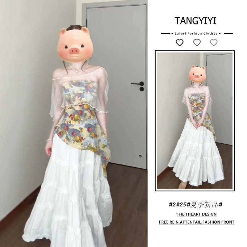 2025年春夏新款韩穿搭套装女小众披肩碎花抹胸木耳边半身裙三件套