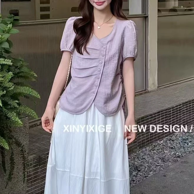 MISS RUILI  定制  2025夏季韩版气质洋气短袖衬衫F0793