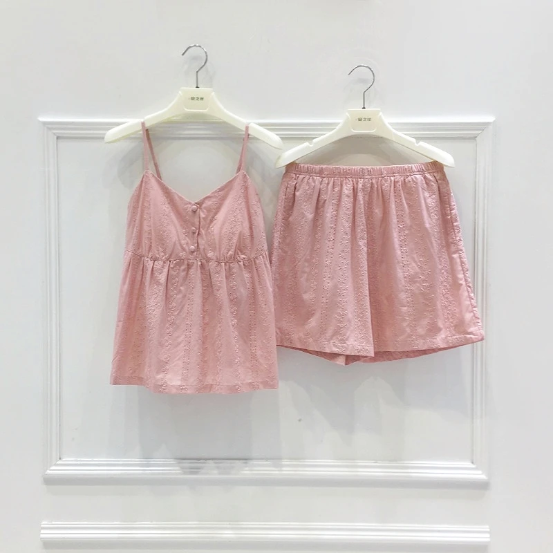 精雅全棉提花睡衣带胸垫女夏季高级性感吊带短裤蕾丝纯棉家居服薄