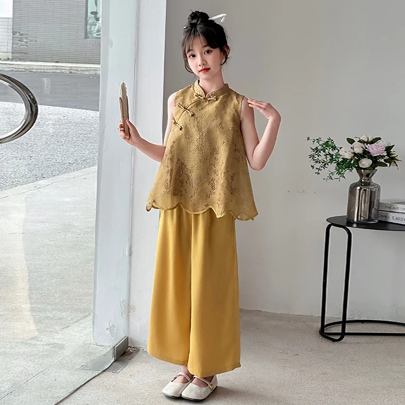 女童新中式国风套装夏季2025新款洋气夏装无袖汉服女孩阔腿裤两件