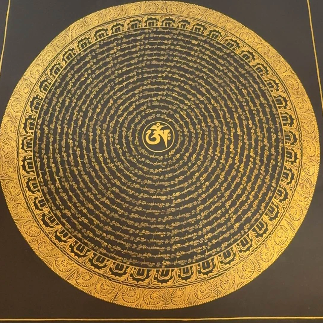 装裱画六字真言黑金纯手绘50*50