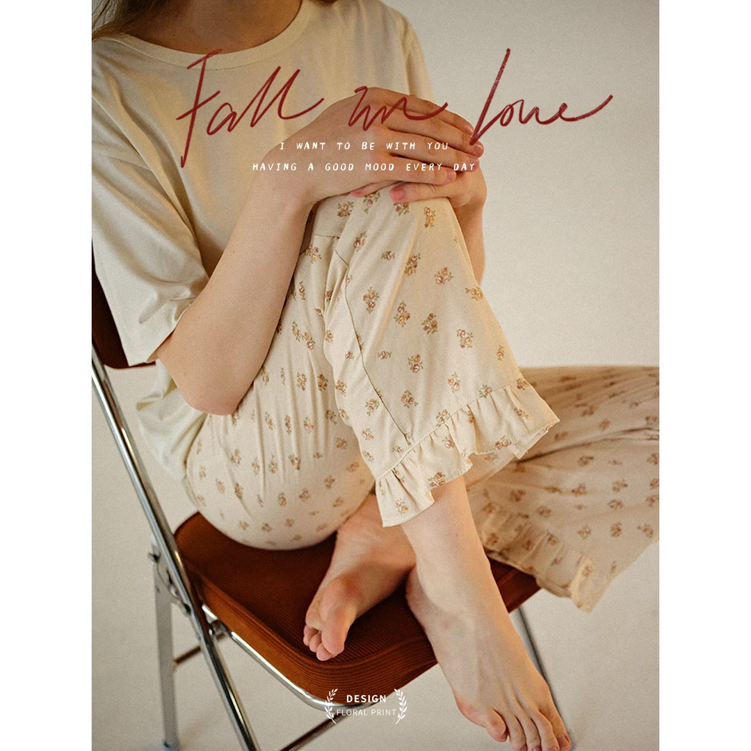 mollyrosa纯棉双层纱杏色碎花田园清新花边款家居长裤睡裤25春新