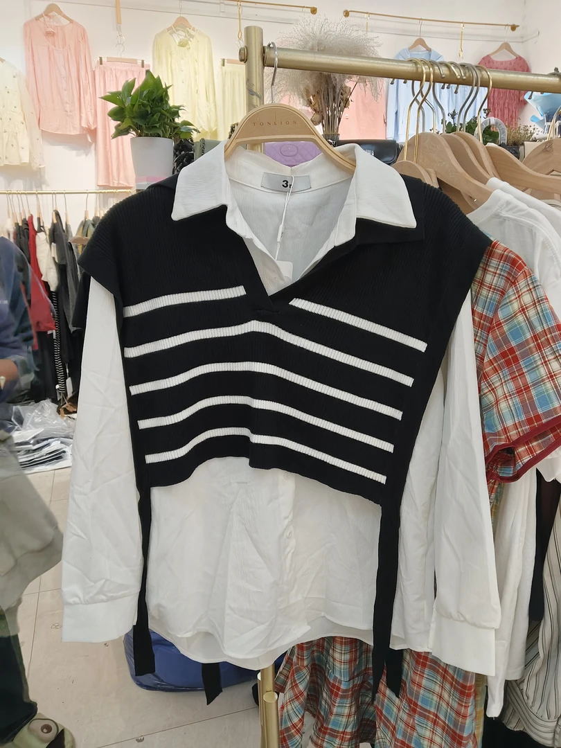 免烫日系条纹百搭V领POLO领马夹春款韩版女装拼接马甲真两件