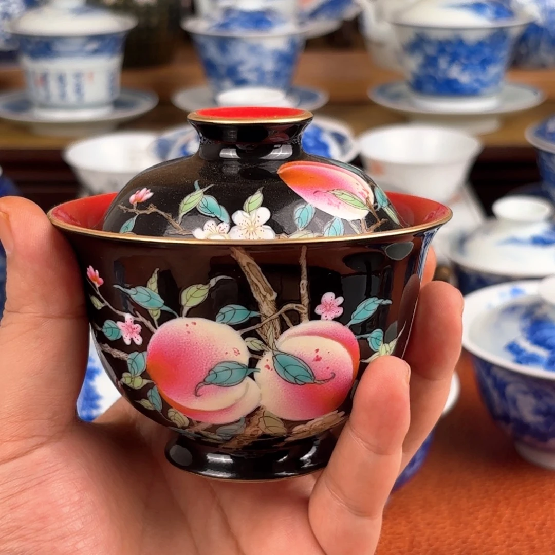 黑底寿桃盖碗 景德镇纯手工手绘