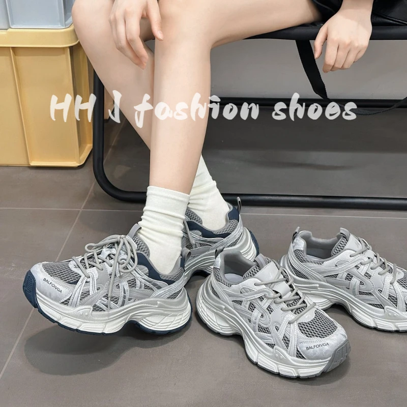 欧货真皮透气高级感炸街老爹鞋女2025秋季新款厚底百搭休闲运动鞋