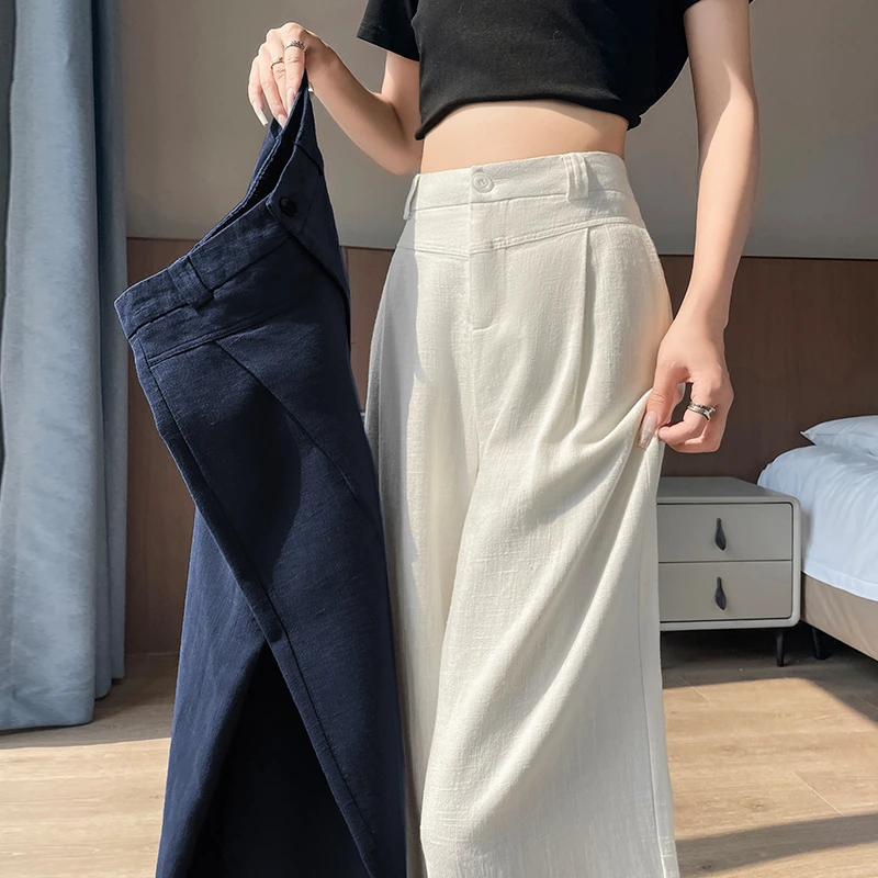 白色棉麻阔腿裤女夏薄款高腰垂感慵懒老钱风西装直筒休闲裤子