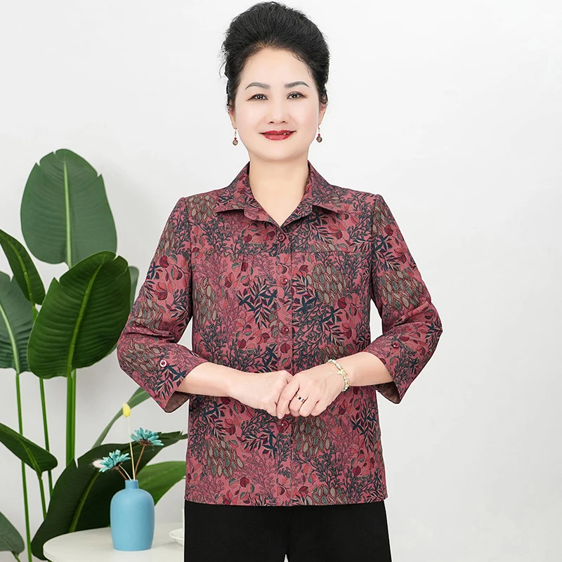 华太太妈妈装宽松大码开衫印花中老年女装奶奶装老人上衣女B5928