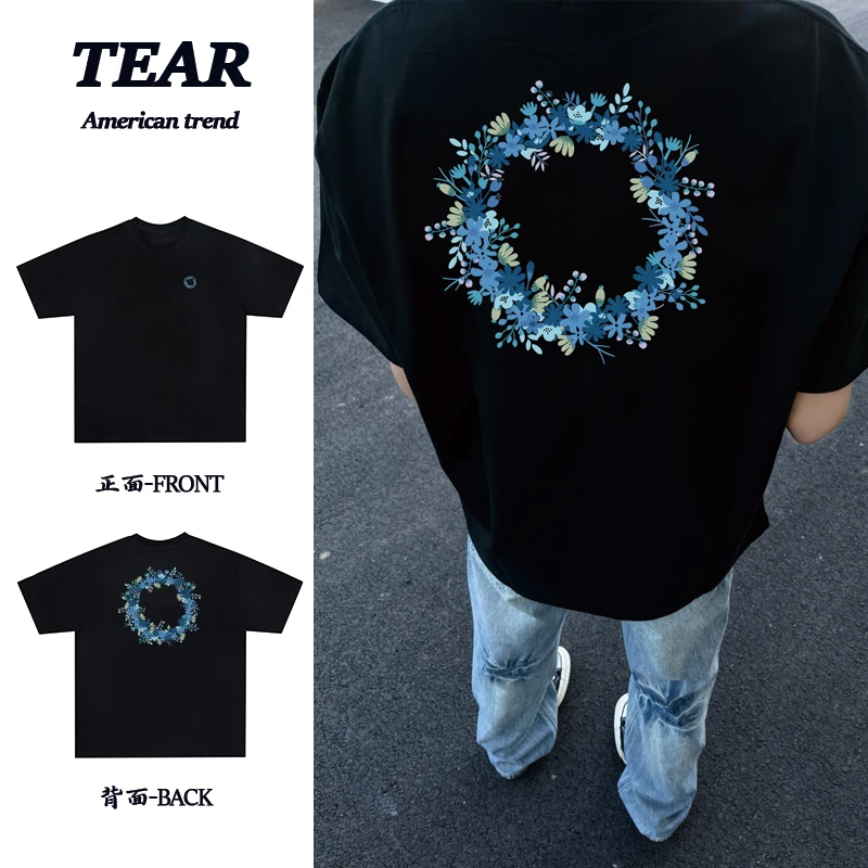 美式重磅纯棉高街植物花卉印花宽松圆领休闲百搭短袖T恤男女同款