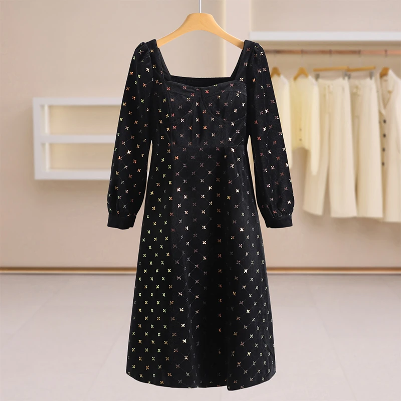 F7830-【M】亮片方领露背显瘦收腰淑女连衣裙#XMF58L004