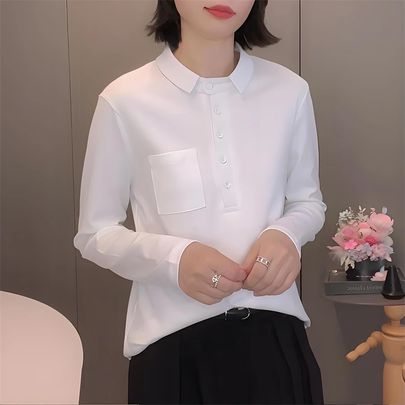 韩版休闲口袋设计polo领长袖衬衫女2025秋季新款洋气简约百搭上衣
