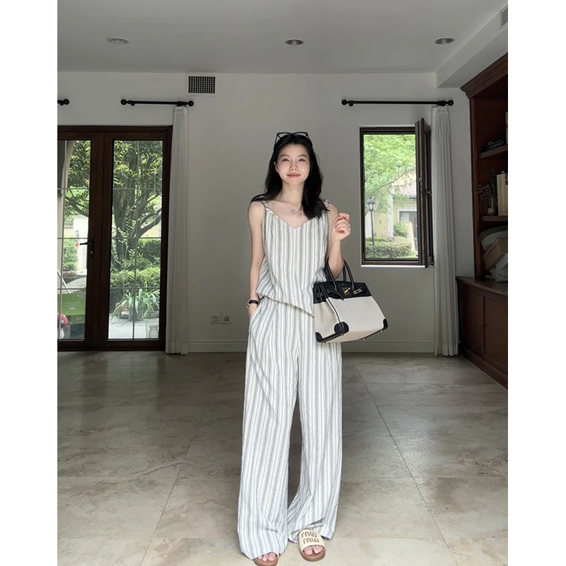 郭九九呢 亚麻棉条纹撞色宽松显瘦吊带上衣直筒阔腿裤 G925Z06285