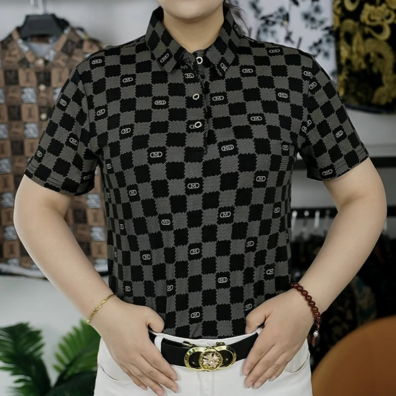 男士短袖polo冰丝印花T恤翻领中年薄款宽松半袖商务免烫衬衣碎花