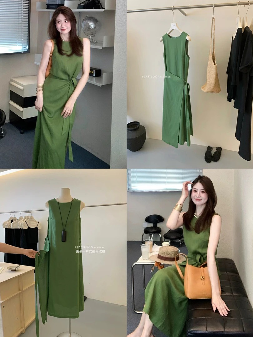无袖夏季长裙纯色挂脖式连衣裙法式吊带裙绿色气质