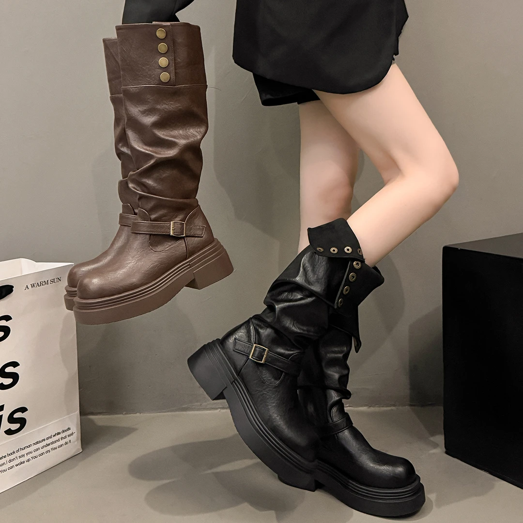 百搭显瘦两穿堆堆靴2025冬季骑士靴小个子厚底长筒靴高筒瘦瘦靴