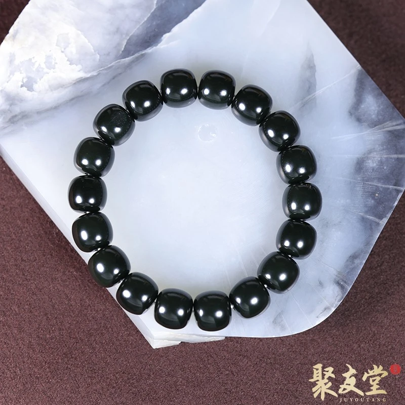 聚友堂王伟玉雕11*12mm新疆和田玉籽料黑青老型珠手链单圈手串506