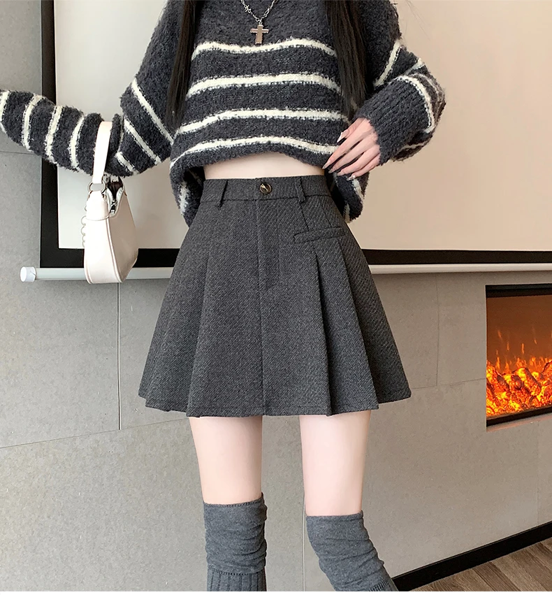 灰色毛呢百褶半身裙女秋冬新款高腰显瘦百搭防走光小个子a字短裙