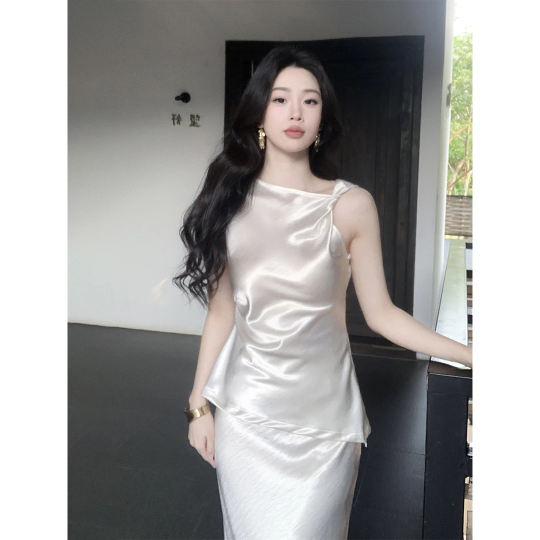 SYT自制 珠光仿醋酸缎面吊带连衣裙套装