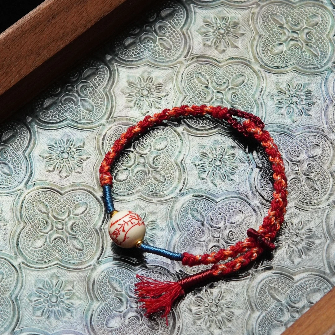 天然猛犸牙11mm雕刻岁岁符手编红绳单圈手串