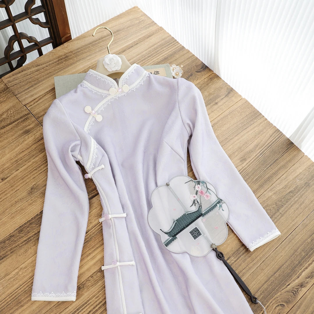 俏娘鱼旗袍新中式紫色复古长袖女秋季日常可穿年轻款秋冬改良新款