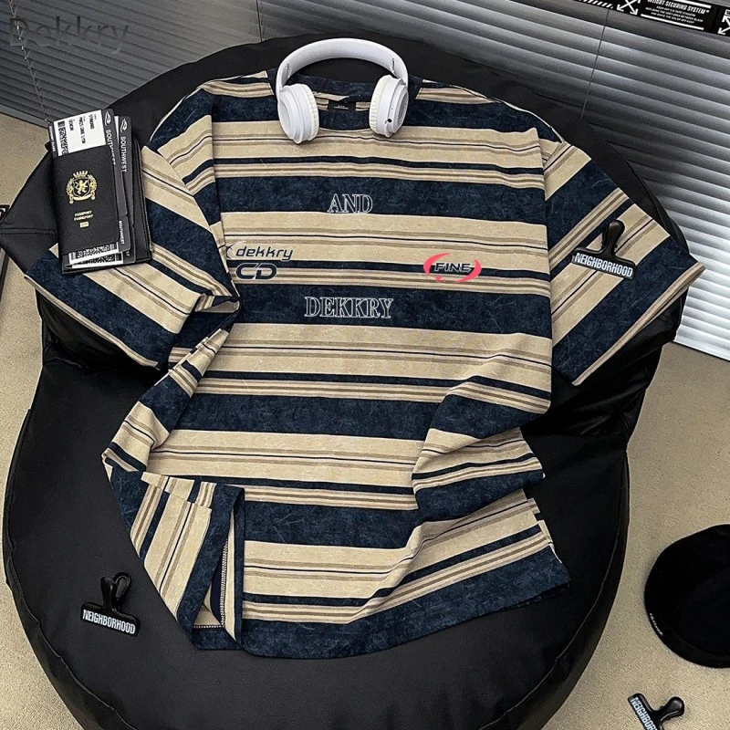 【Dekkry】美式休闲夏季条纹短袖T恤休闲宽松时尚复古百搭韩版潮流