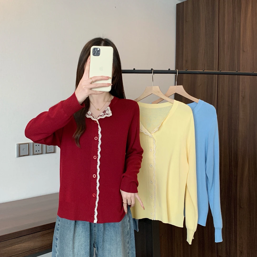 【七七专属】大码2025春季胖mm温柔甜美针织开衫蕾丝拼接上衣69310