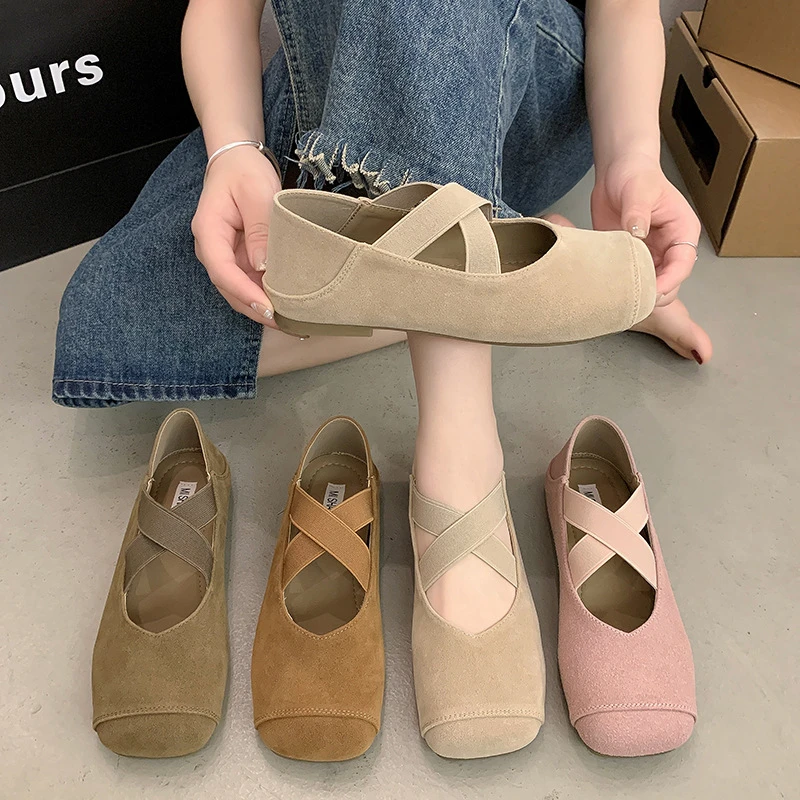 复古绒面玛丽珍鞋女2025新款方头交叉松紧带气质一脚蹬芭蕾风单鞋